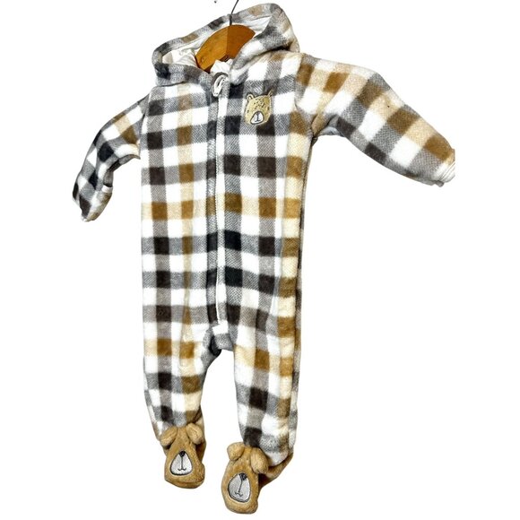 NWOT Baby Mack Infant Fleece Plaid Hooded Romper with Bear Feet 3-6 Months - Picture 2 of 6